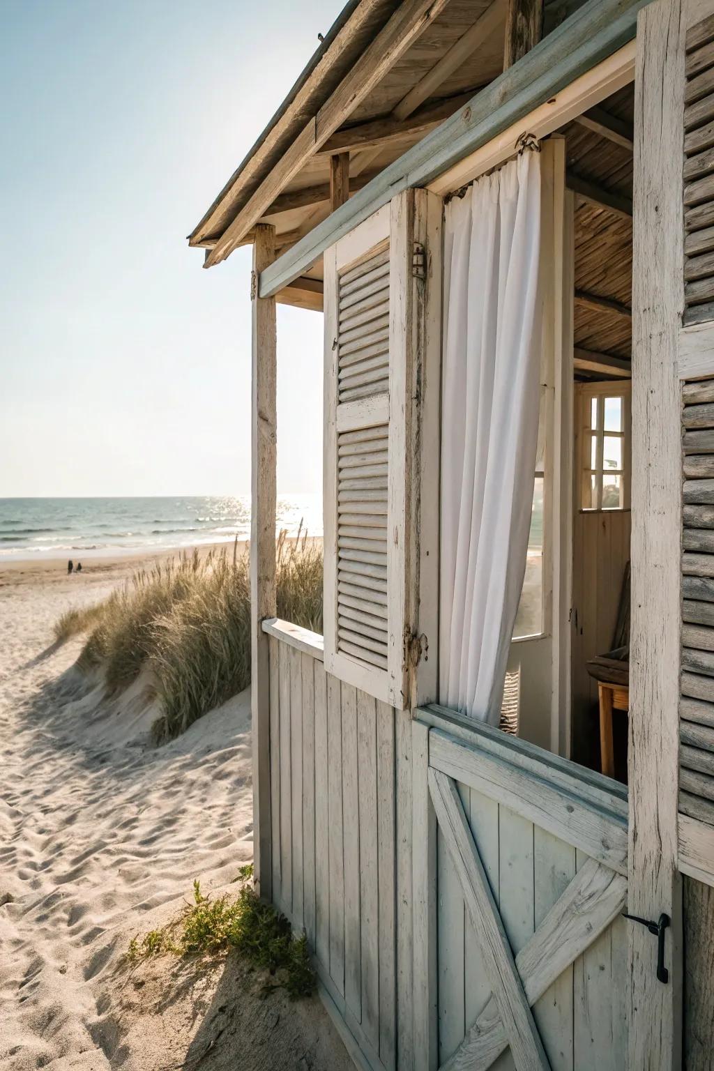 Open-air panels encourage the coastal breeze to enter the beach outbuilding.
