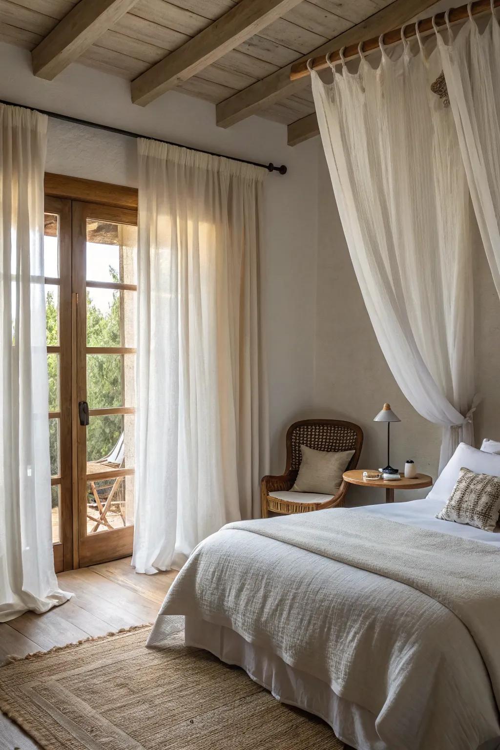 Airy textiles bring a gust of fresh ocean breeze into your bedroom.