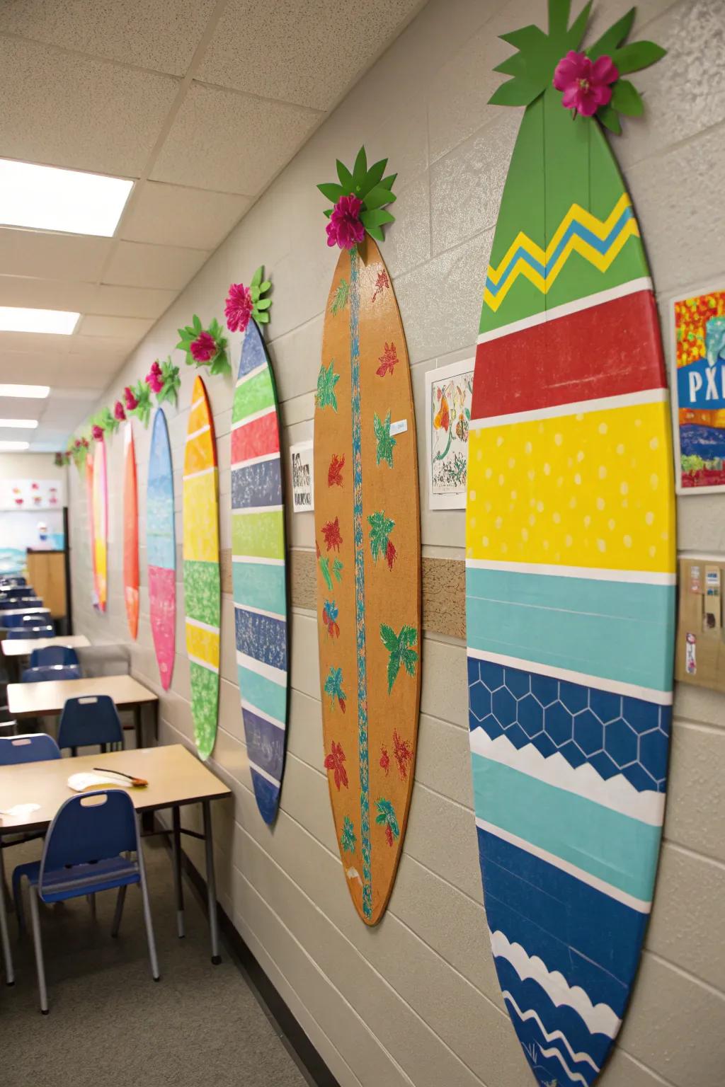 Creative DIY surfboard decor infuses color and amusement into the classroom walls.