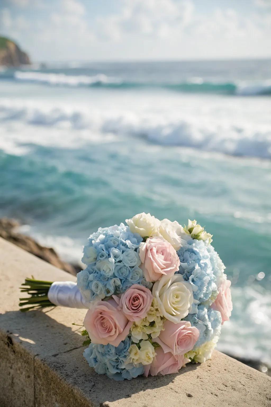 A pastel-toned bouquet radiating romance by the sea.