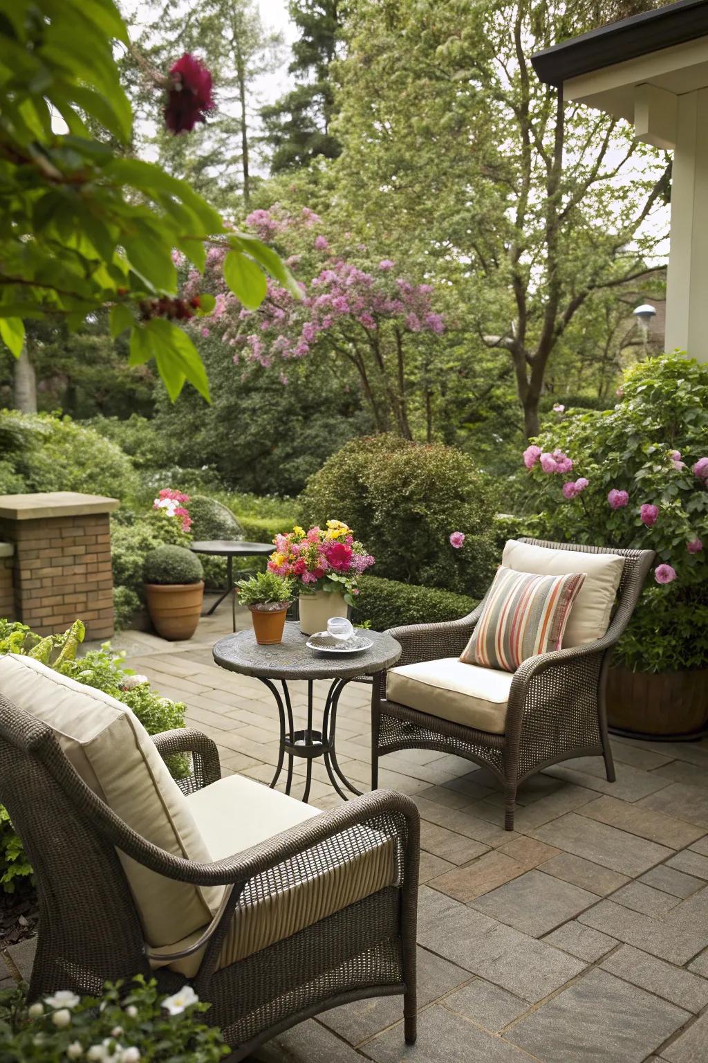A snug seating area amidst a garden, ideal for unwinding with a cup of tea.