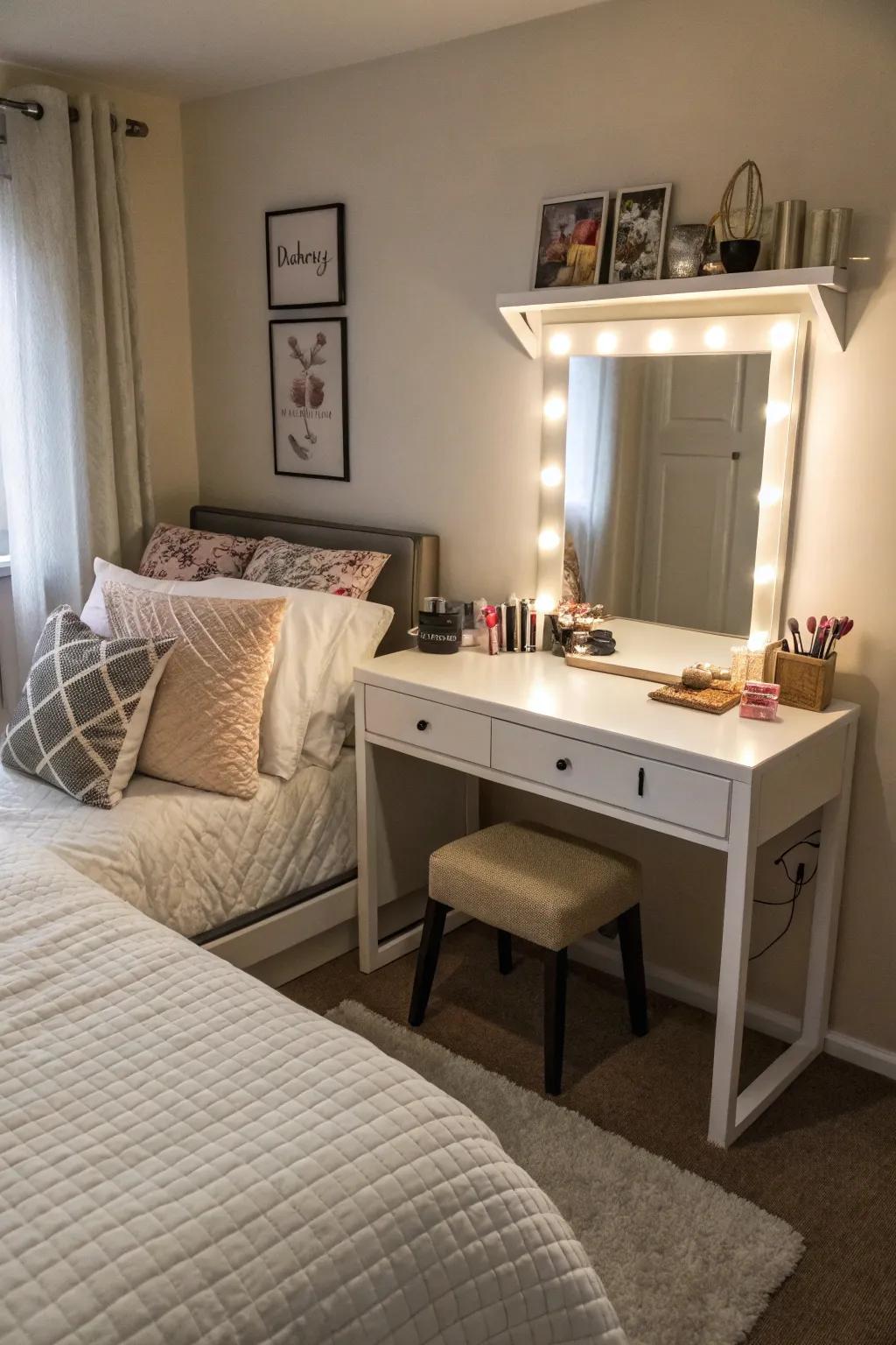 A dual-function corner with a bed and workstation.