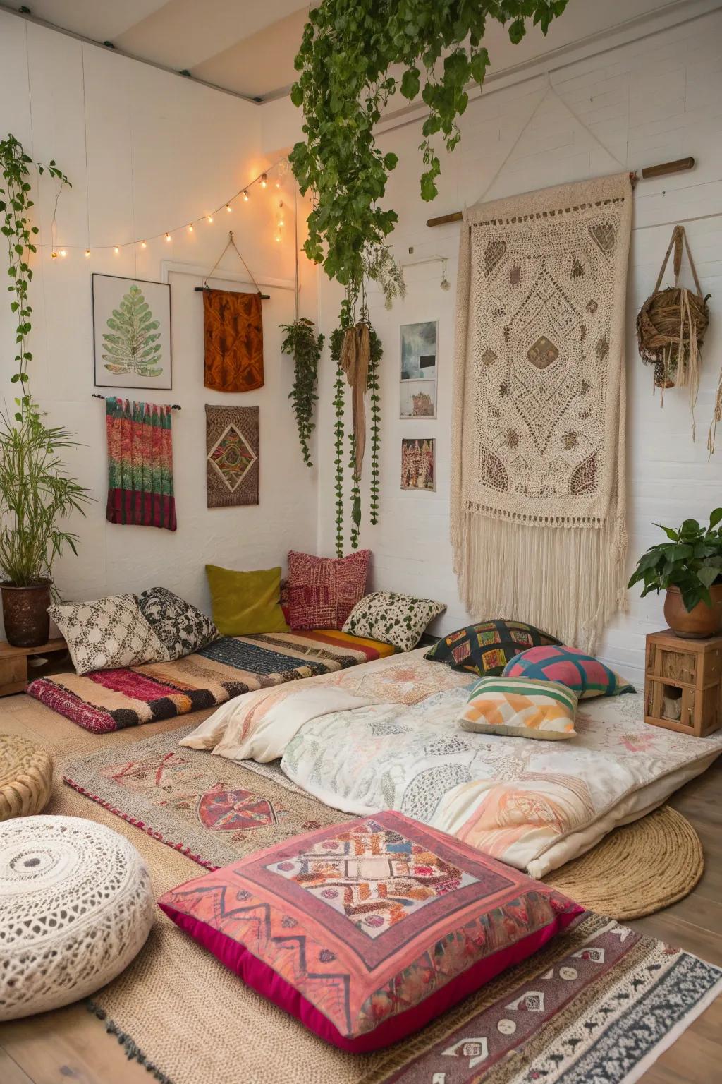 Express Bohemian charm with an array of textures in your floor bed design.