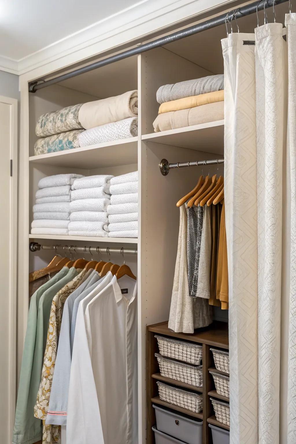 Hanging storage maximizes space and minimizes wrinkles.