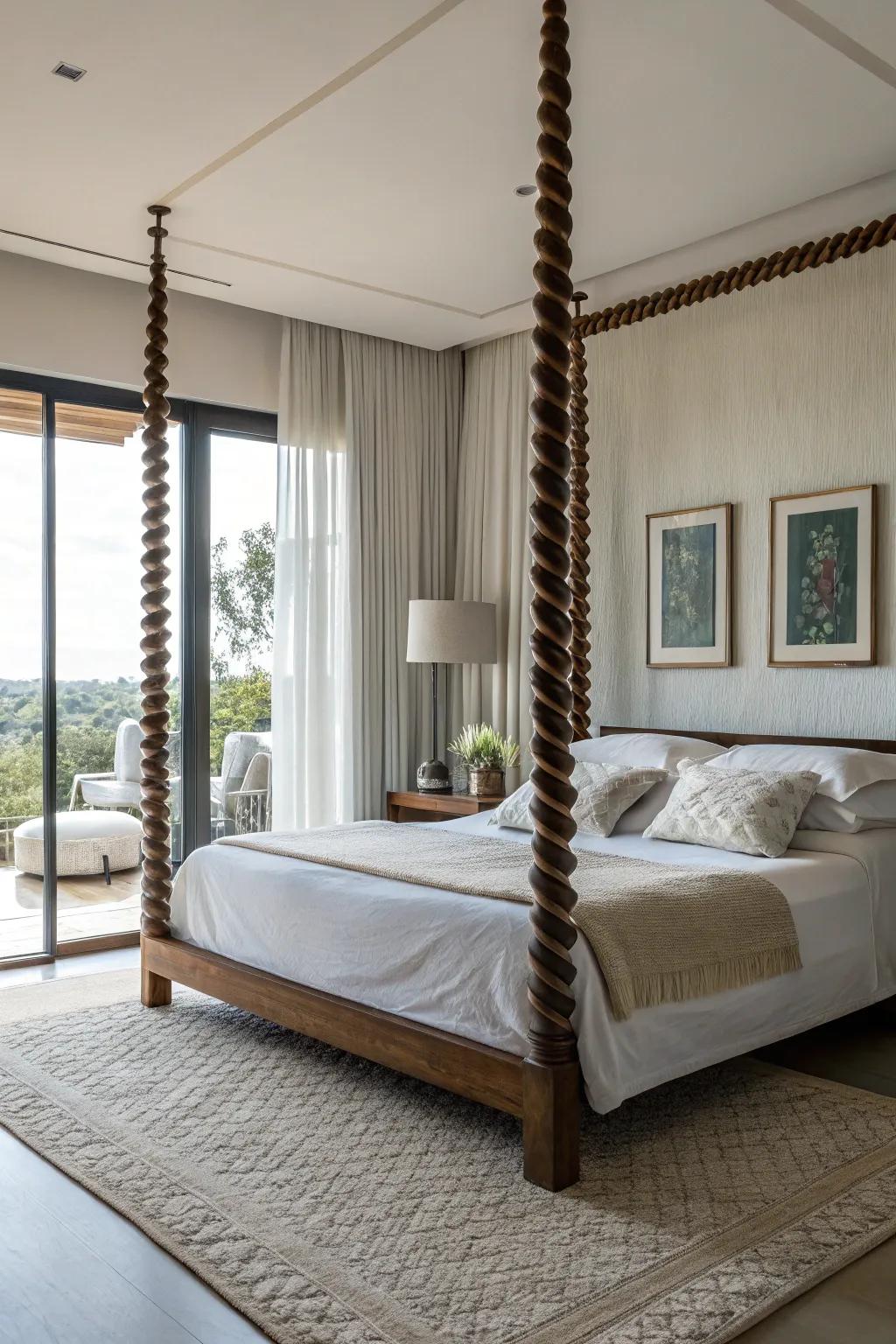 Wound bedposts create a vibrant and striking look.