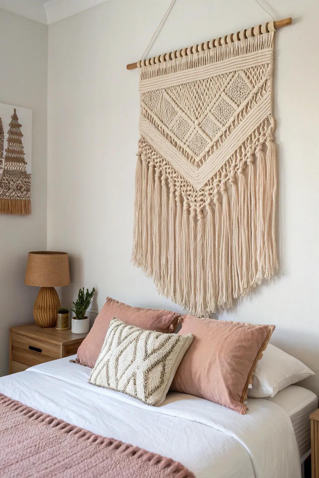 Woven art delivers warmth and texture to your bedroom.