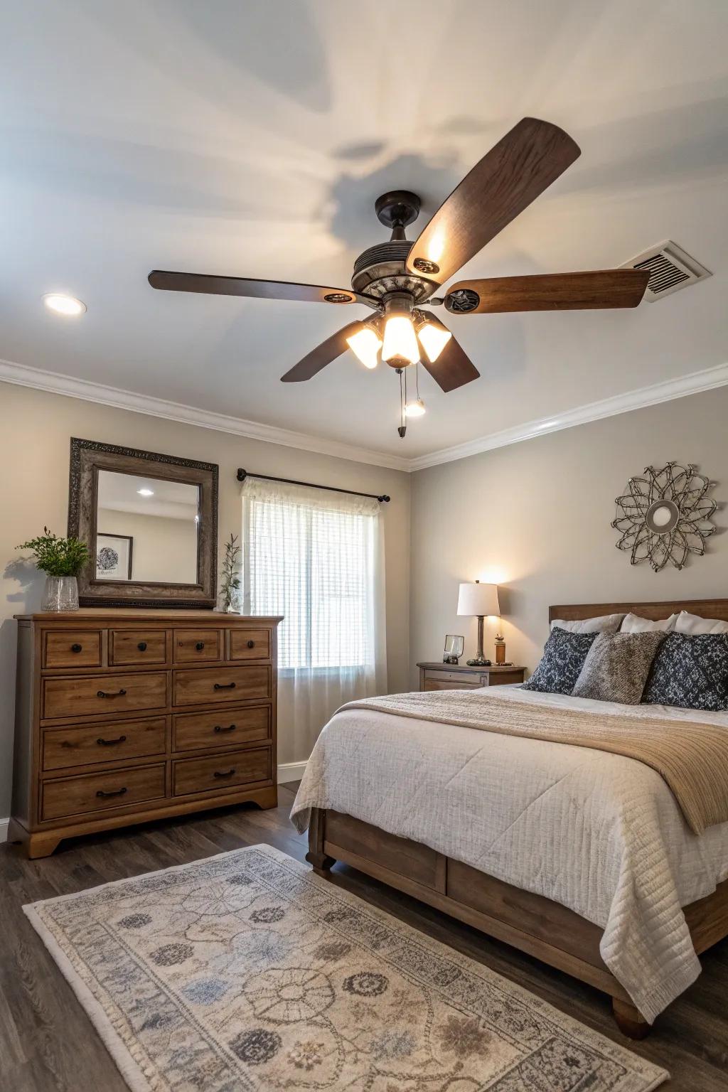 Stay comfortable and stylish using a ceiling fan that enhances room brightness.