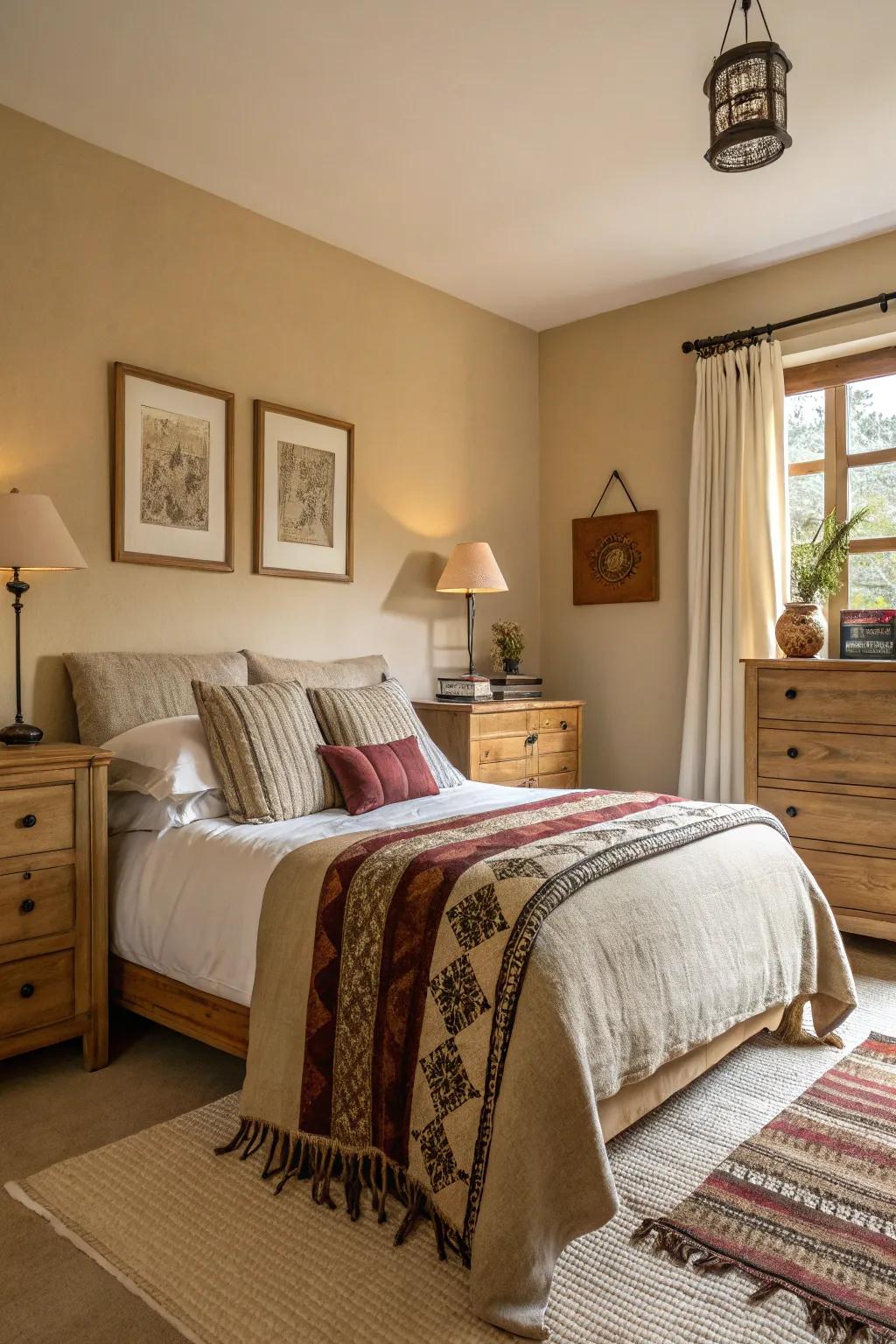 Warm neutrals fashion a snug and adaptable bedroom setting.