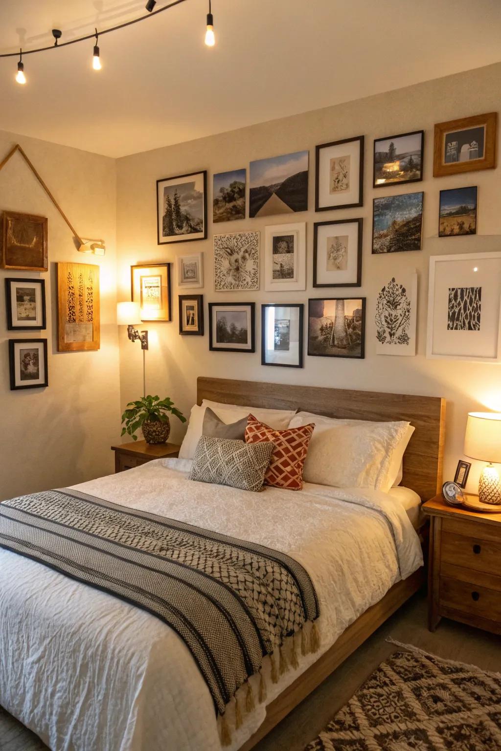 Unique personal artwork elevates bedroom décor.