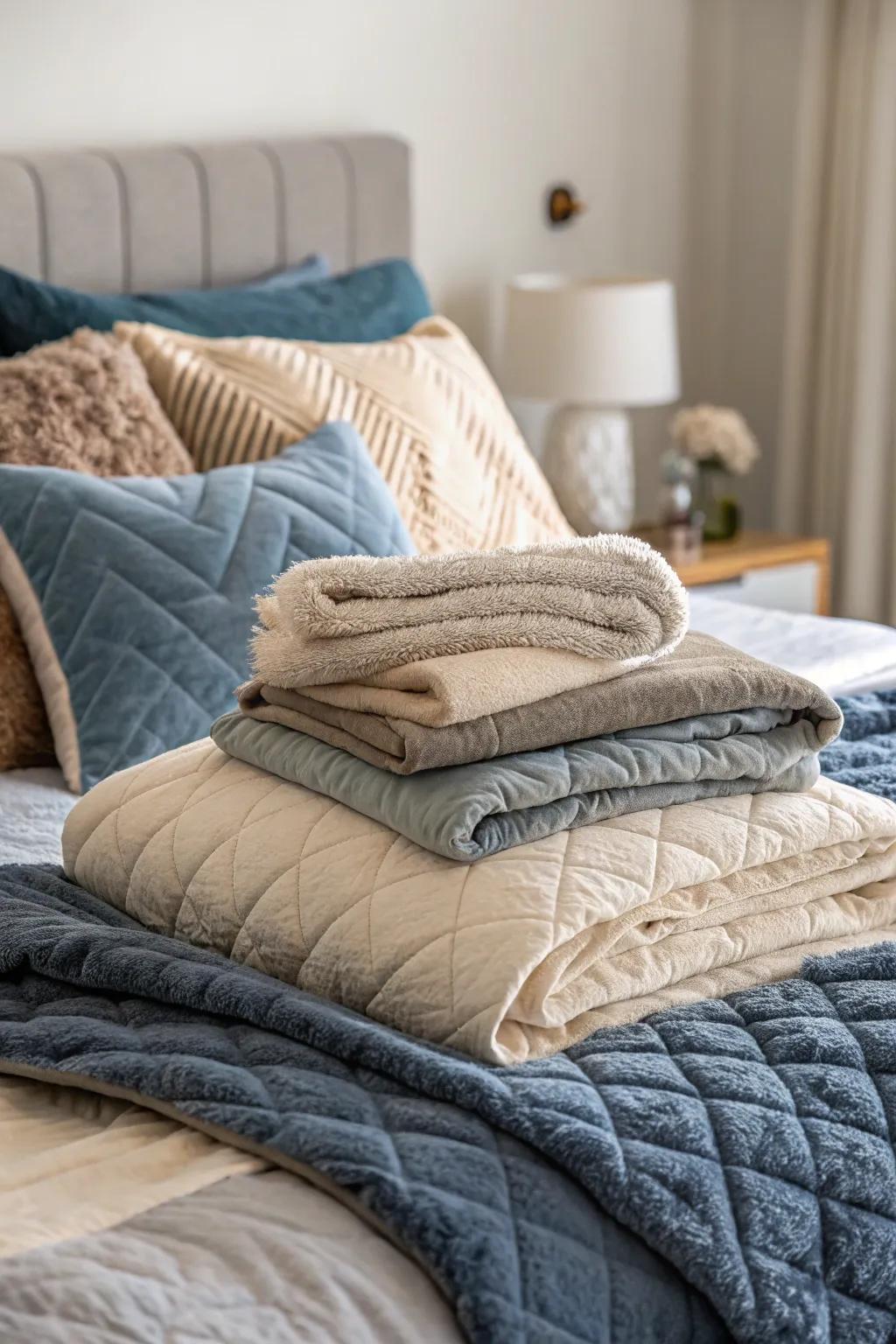Layered bedding enriches your bedroom with added texture and warmth.
