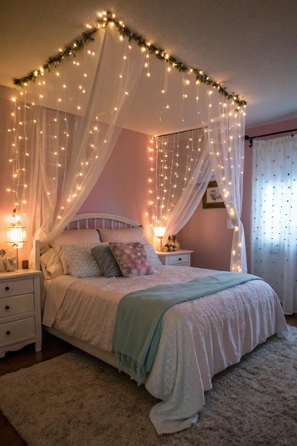 Sparkling lights create a warm and magical atmosphere in this welcoming bedroom.
