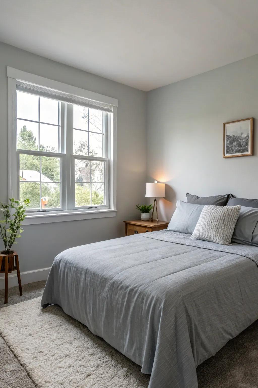 Simple, solid-colored bedding emphasizes the cohesive appearance of the room.