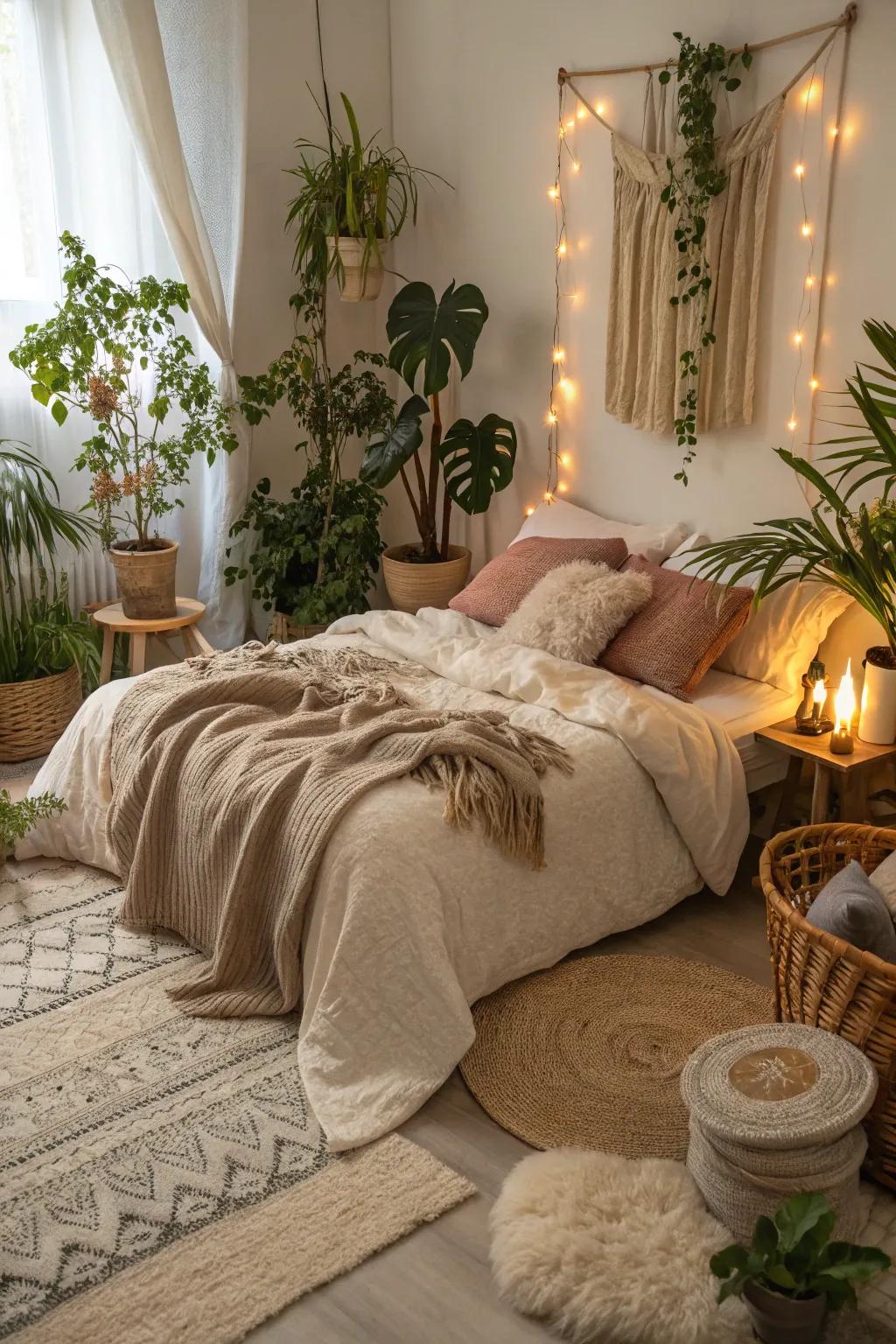 Composition and verdure forge a tranquil bedroom haven.