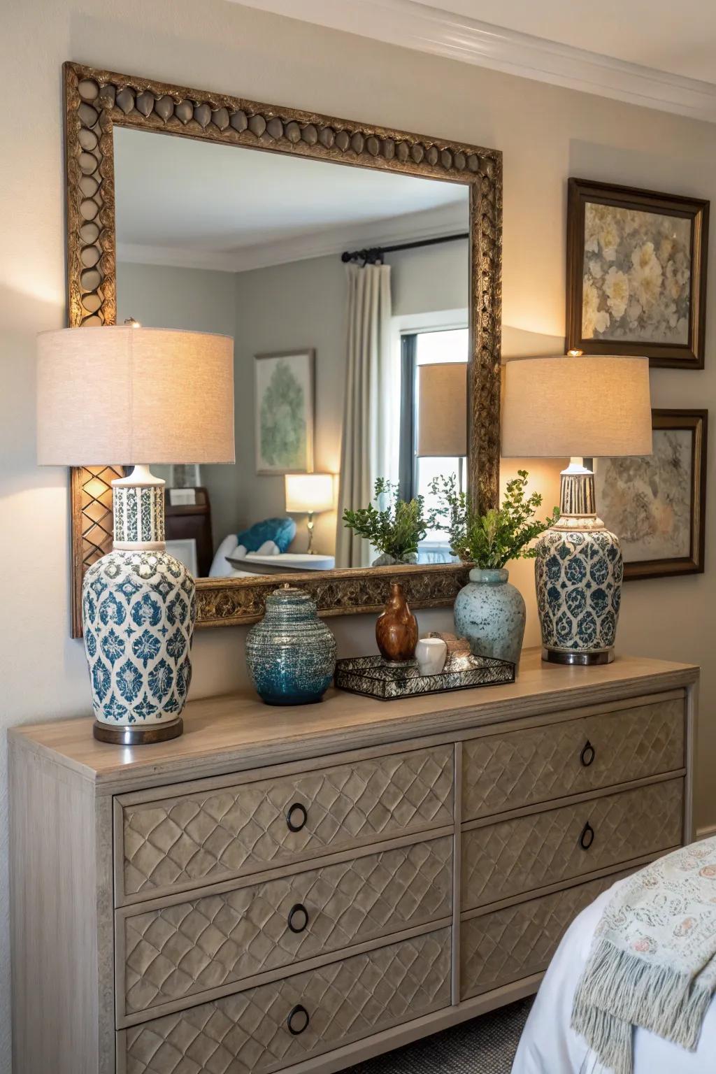 A dresser complemented by a mirror, bringing a touch of elegance and practicality to the bedroom.