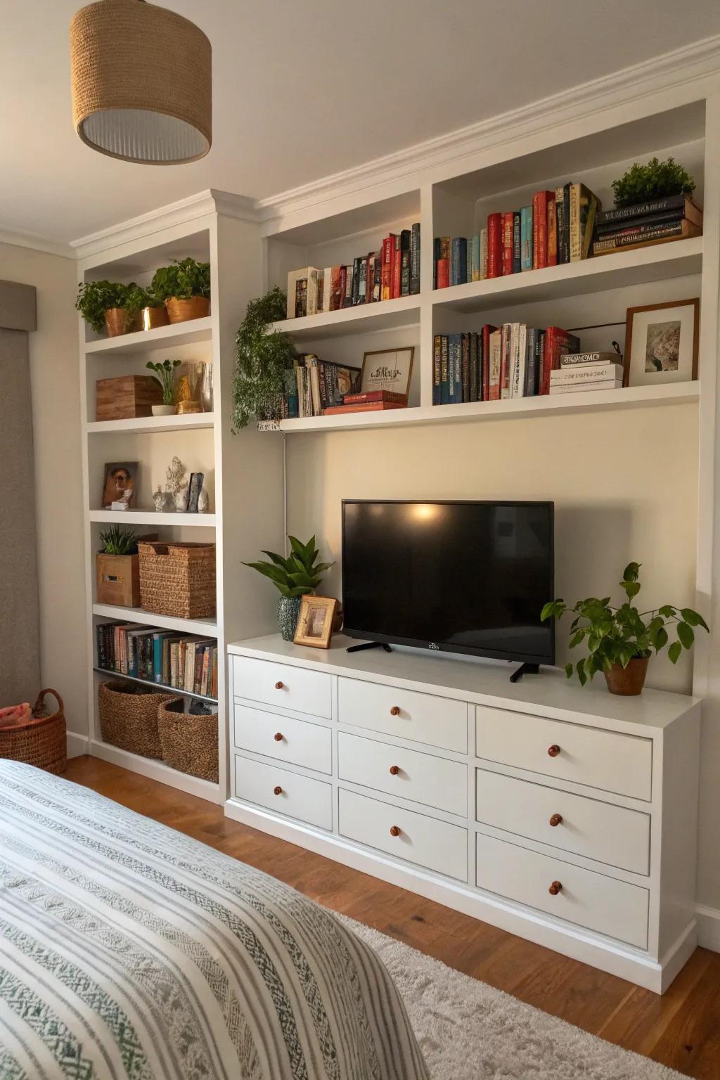 Built-in shelving unifies your TV into the bedroom design effortlessly.