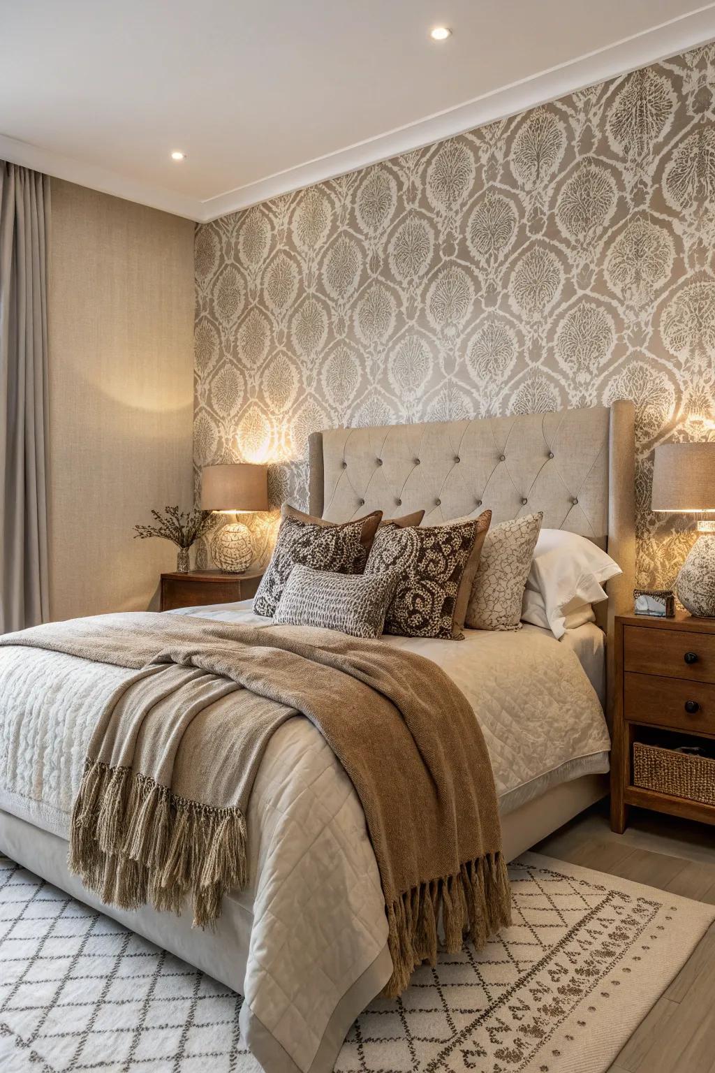 Sculpted wallpaper adds dimension and comfort.