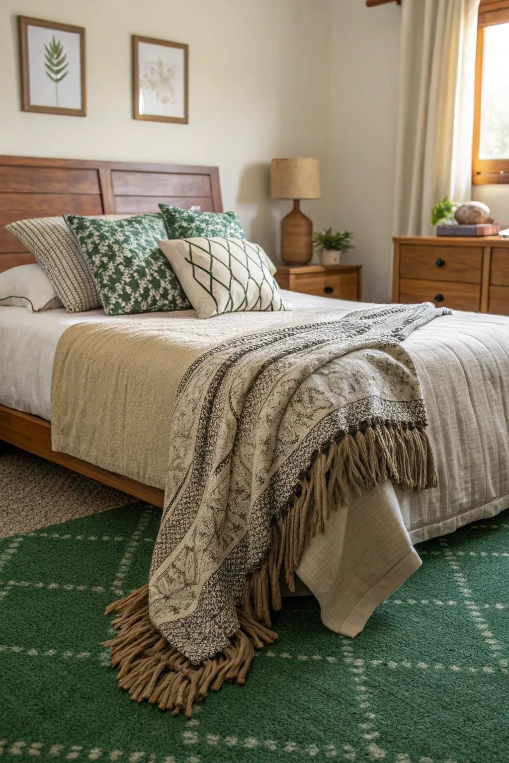 Layered textures in bedding enhance the verdant floor covering, contributing richness and visual intrigue.