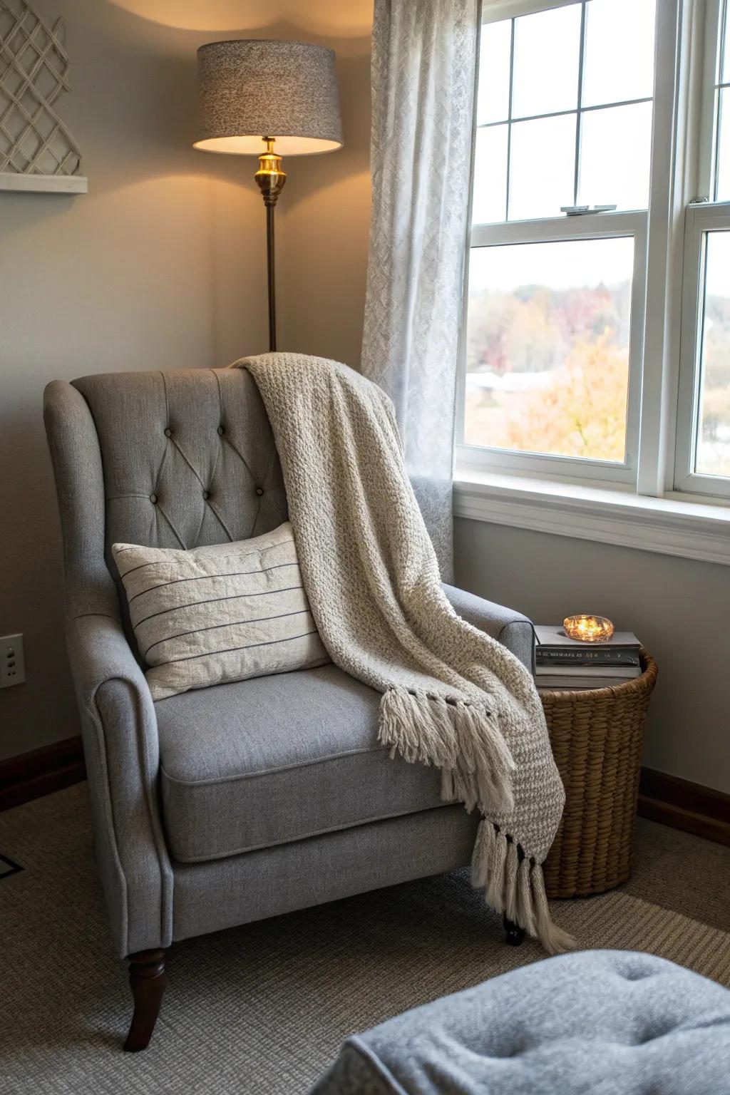 An intimate area showcasing textured grey upholstery.
