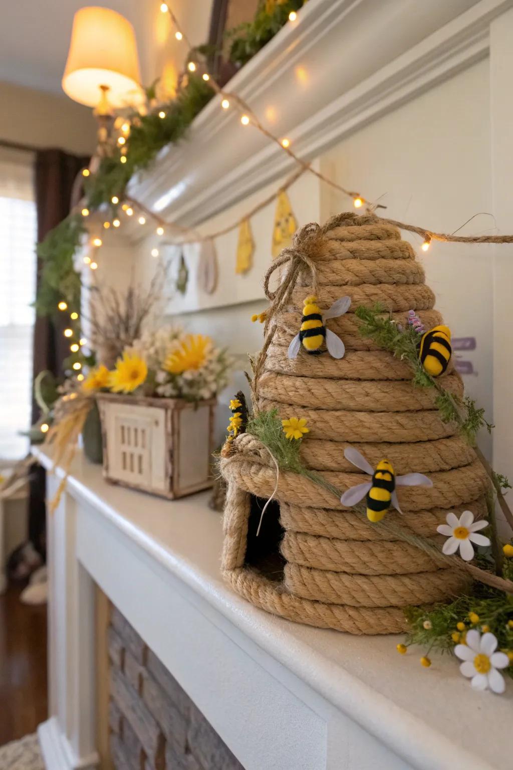 A country-style basket hive introduces charm to any mantel.