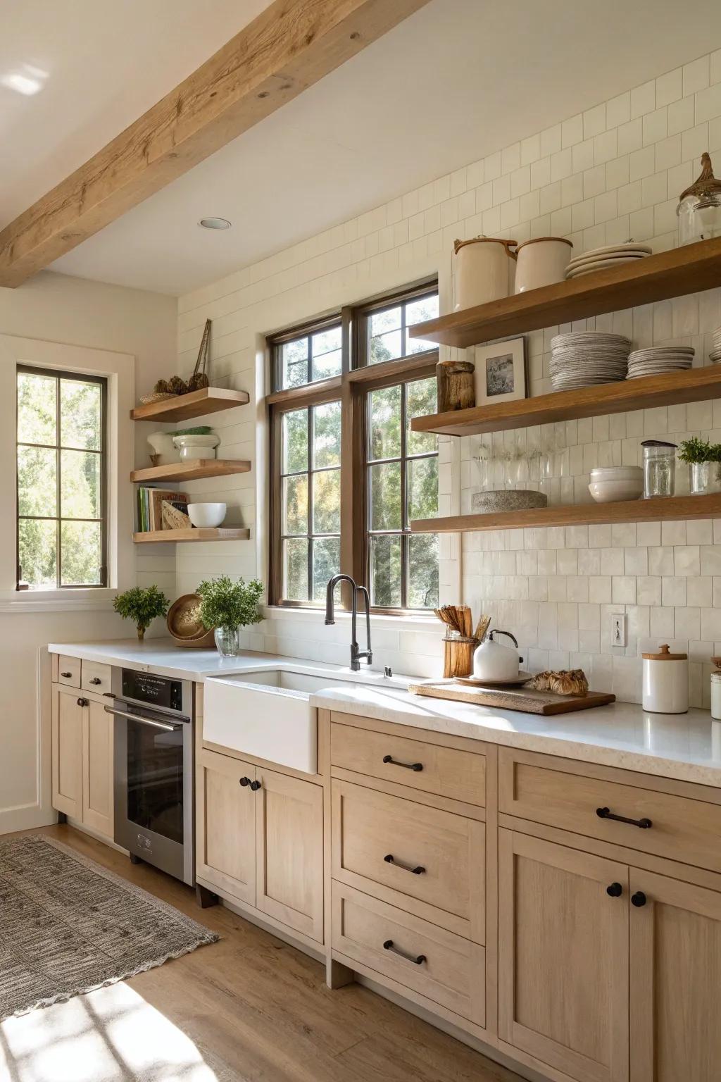 Natural wood accents impart warmth to the beige and white palette.