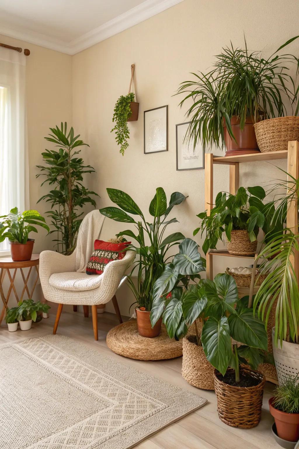Foliage introduces a lively and authentic touch to this beige interior.