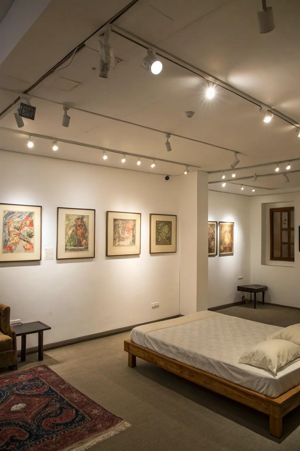 Recessed lights subtly highlighting art in a minimalist room