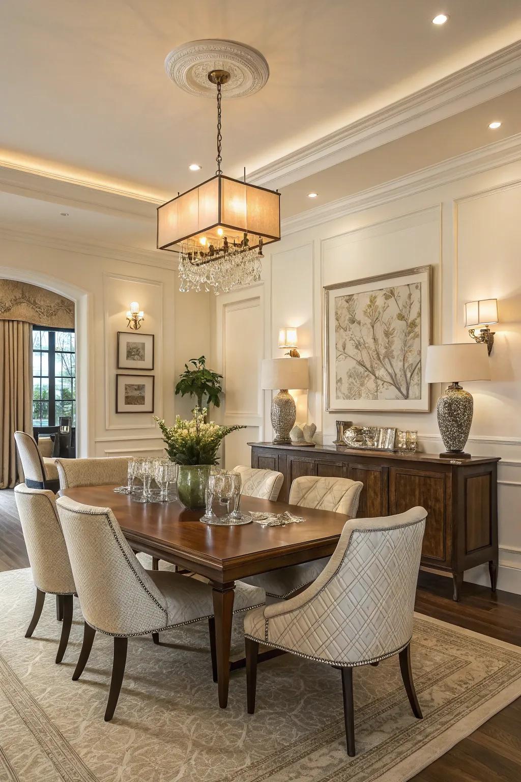 Traditional whites with a hint of warmth establish a sophisticated foundation.