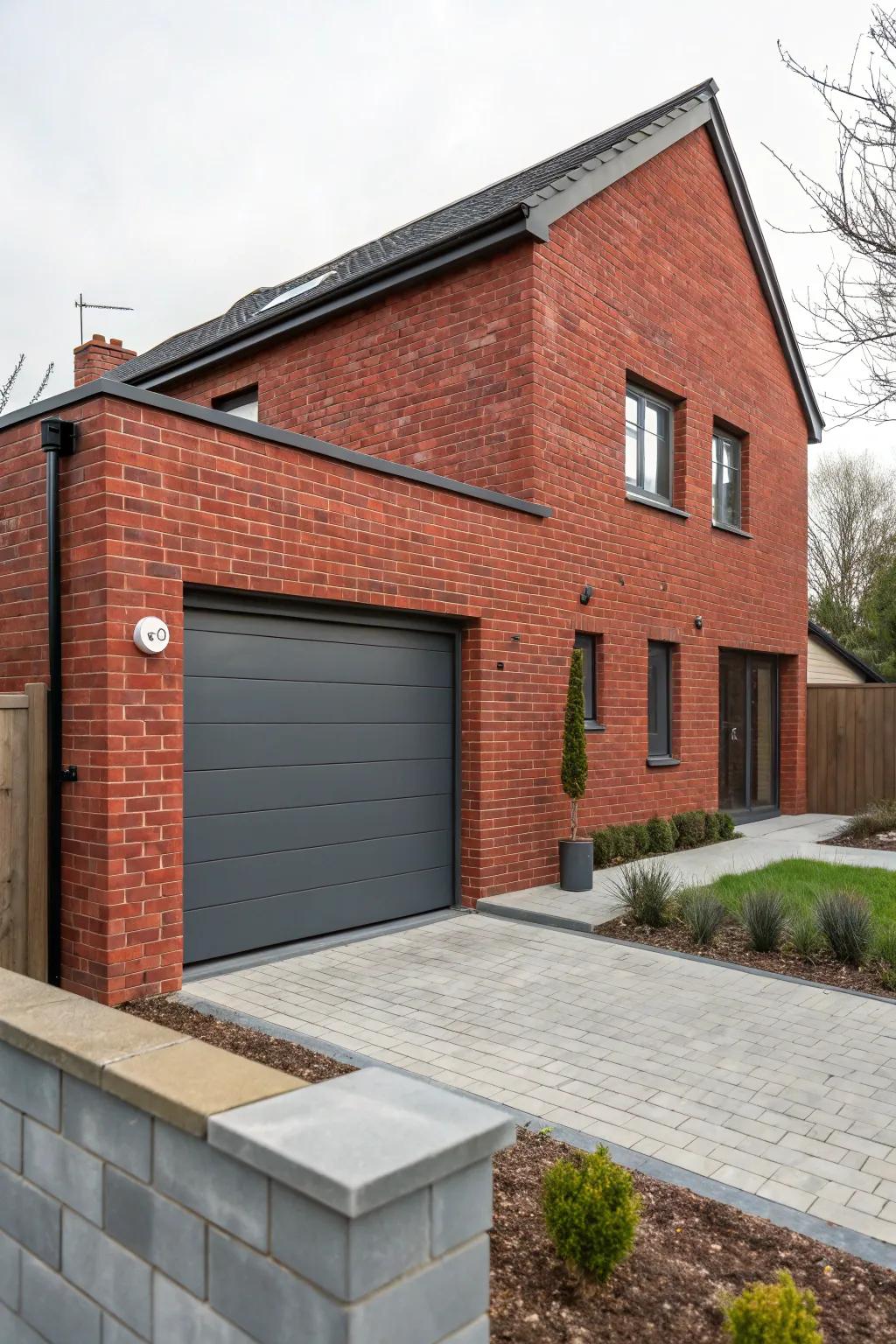 Slate garage doors add a modern touch to homes with red brick.