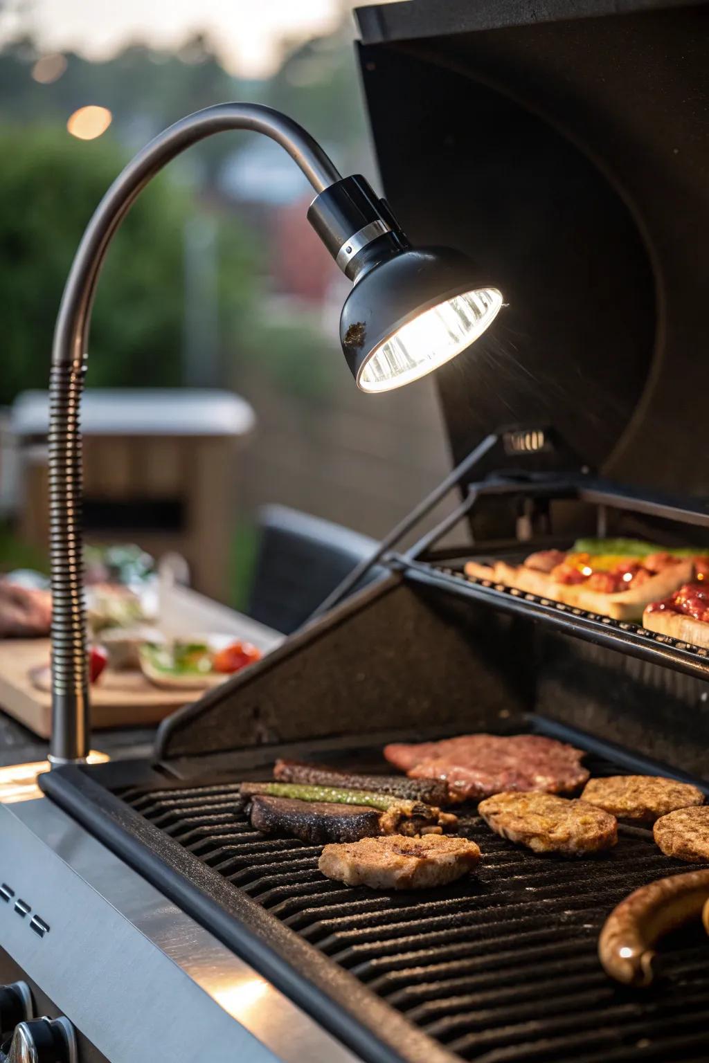 Gooseneck lights provide adjustable lighting for accurate grilling.