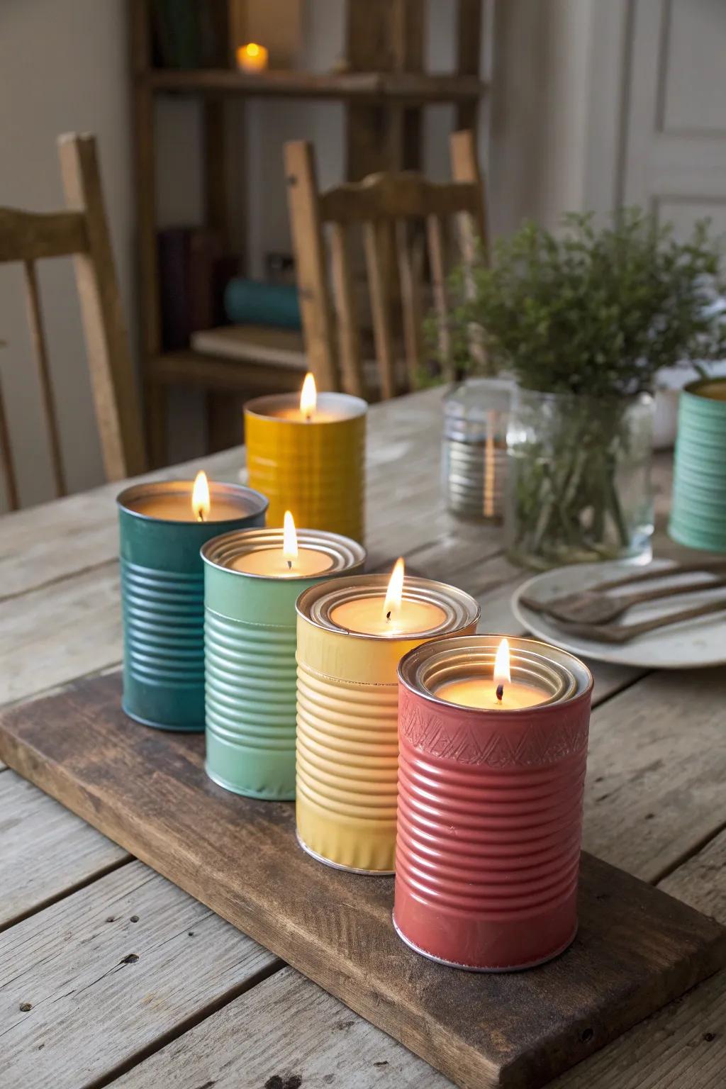 Adding countryside charm using metal container candle holders.