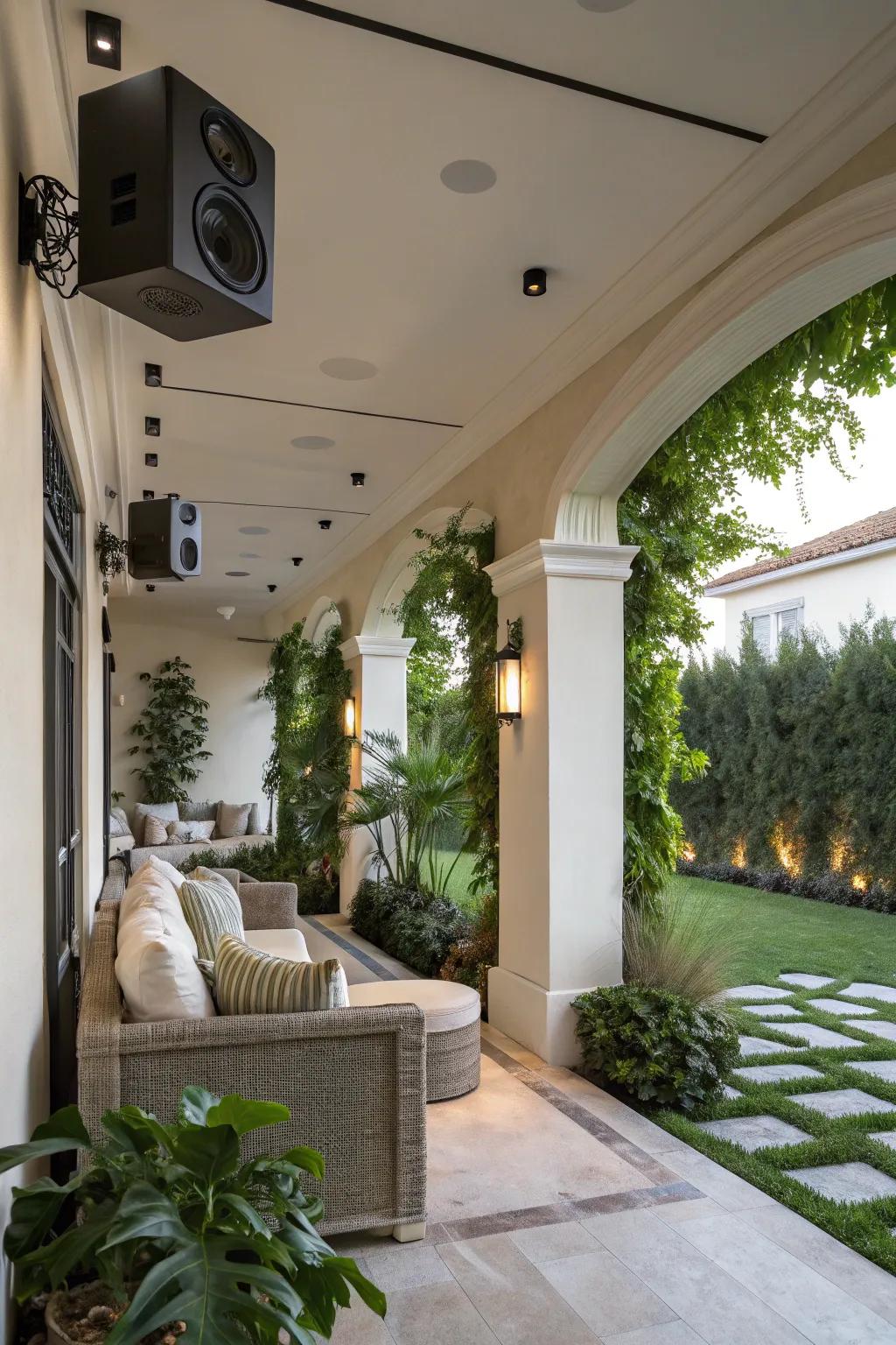 Wall-mounted speakers present a refined, permanent audio solution for patios.