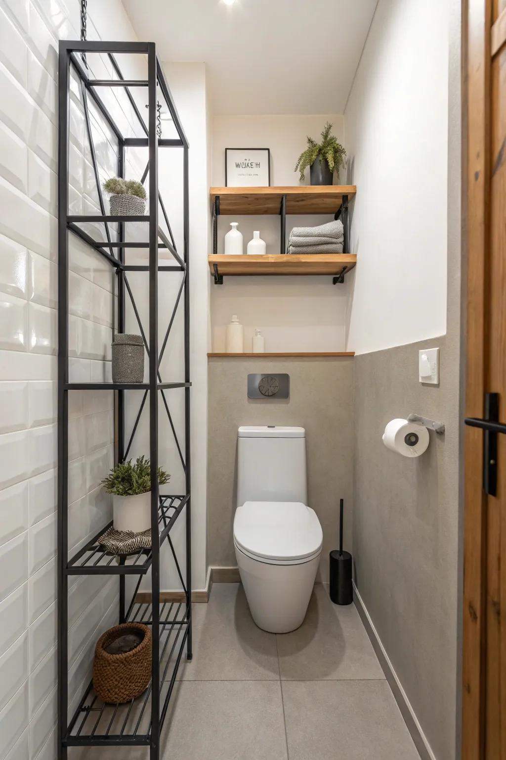 Metal shelving provides a sleek, industrial accent to bathroom storage.