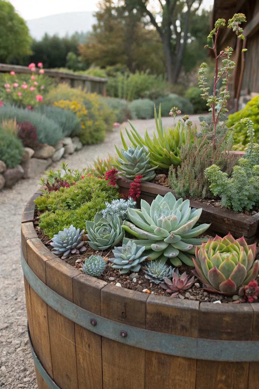 A stunning selection of succulents thriving inside a whiskey barrel.
