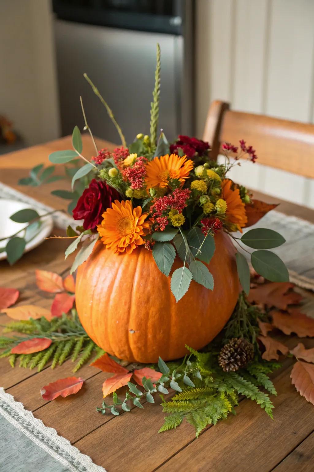 Add a dash of elegance using pumpkins decorated with blossoms.