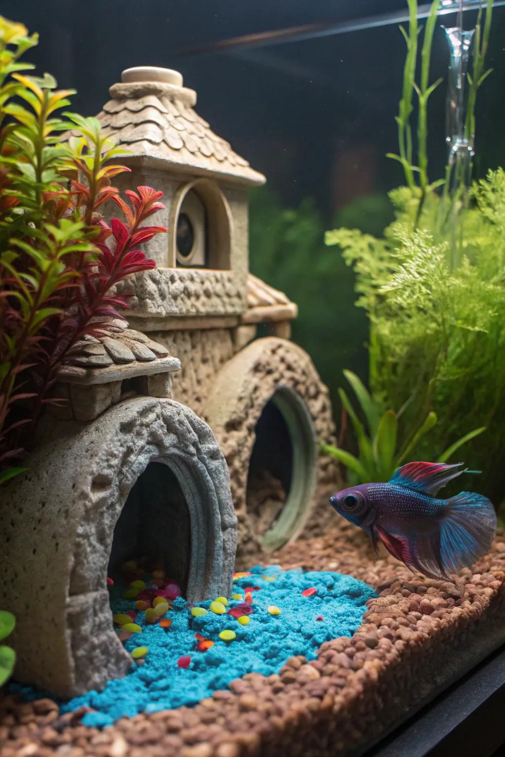 Shelters and archways present endless avenues for betta exploration.