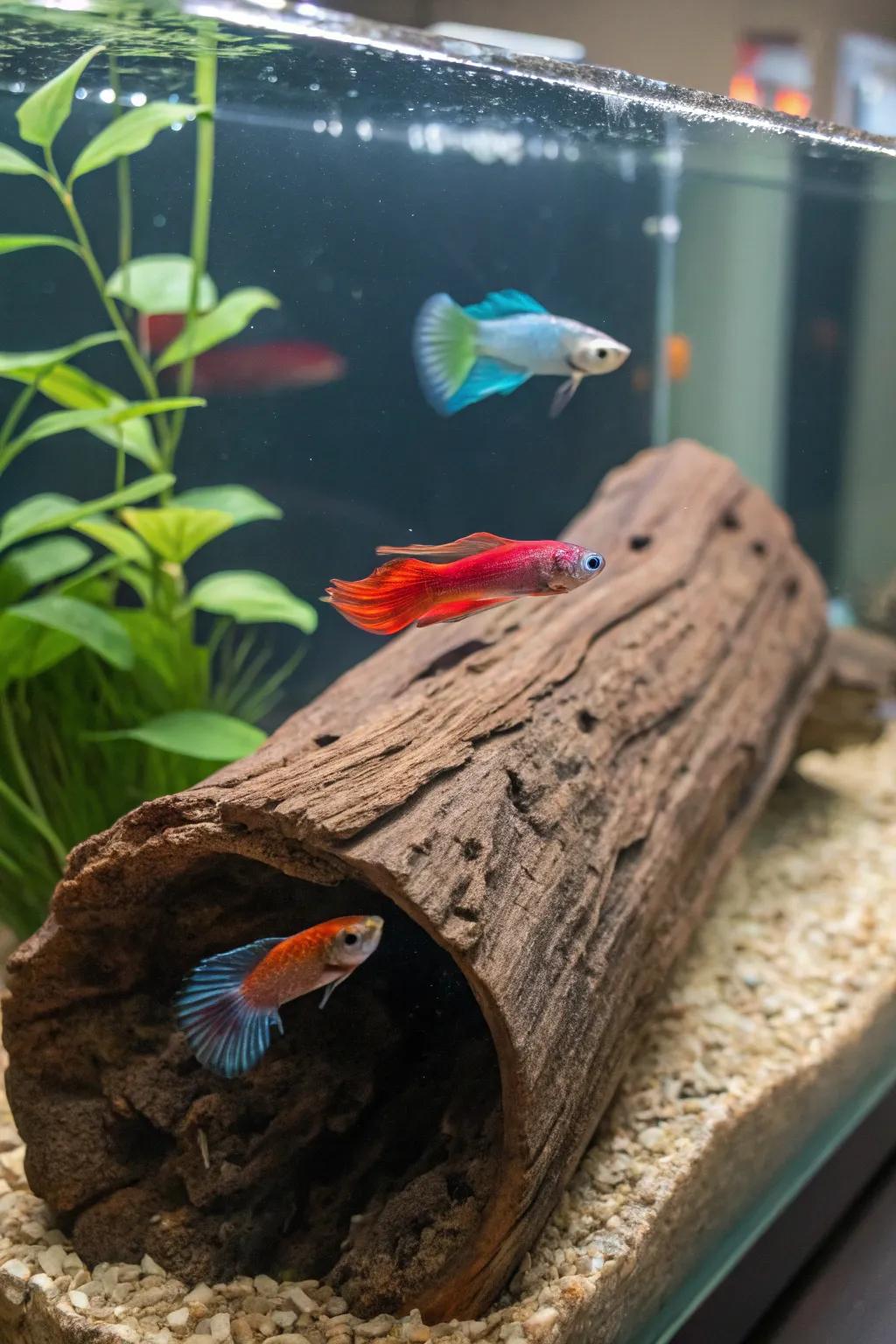 Buoyant timbers provide a versatile lounging space for bettas.