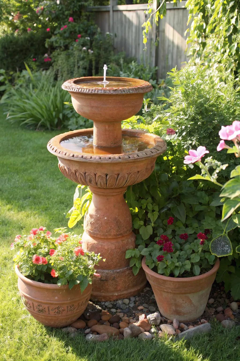 Tiered terracotta pots create an appealing bird bath.