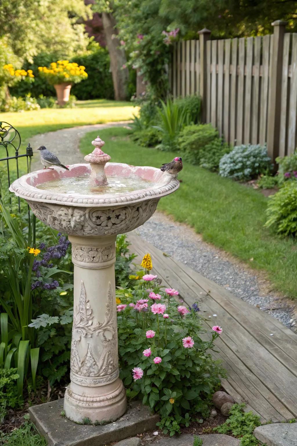 A rejuvenated sink bird bath presents itself as a distinctive garden attraction.