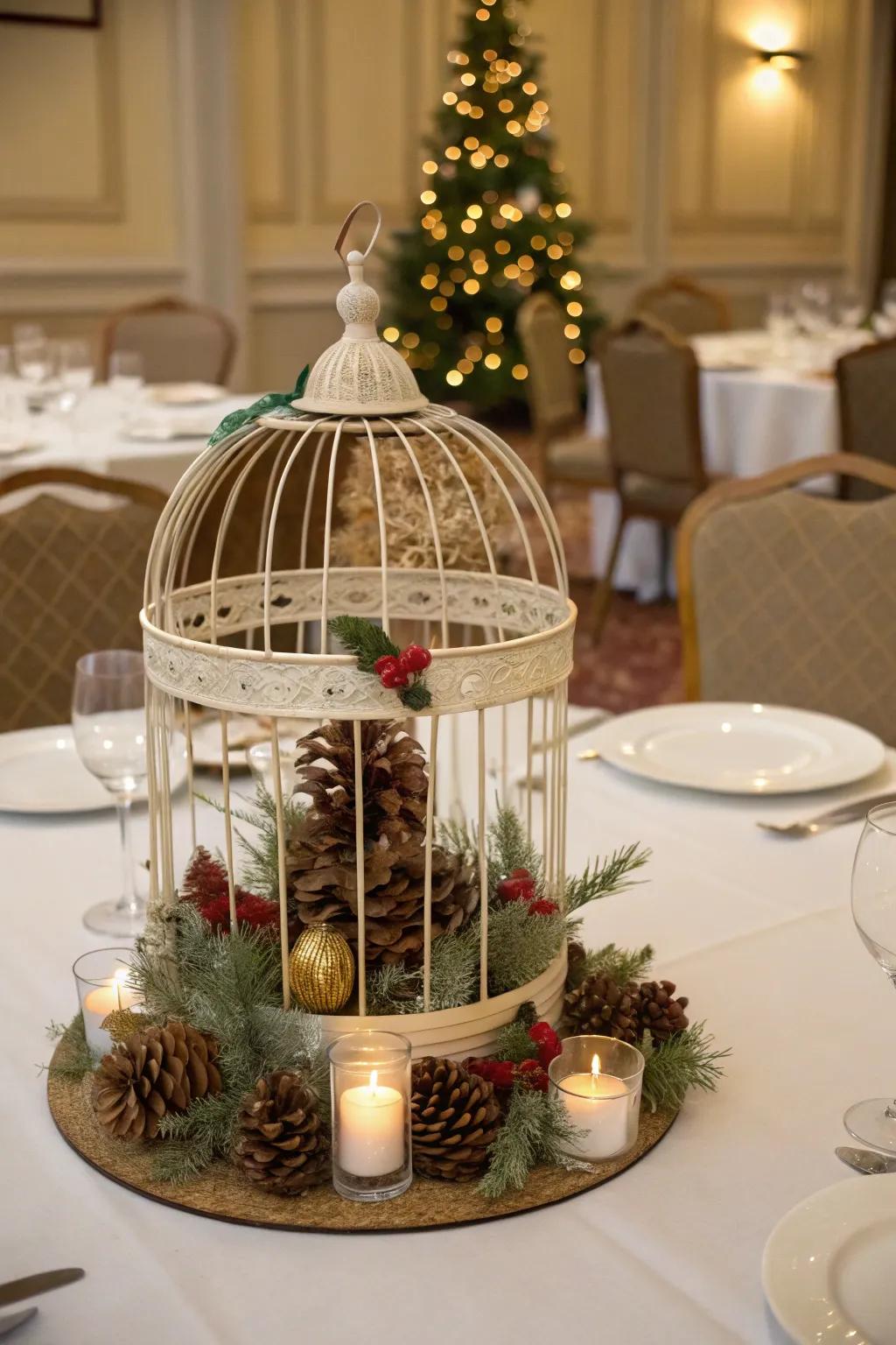 A bird cage fashioned as a seasonal centerpiece.