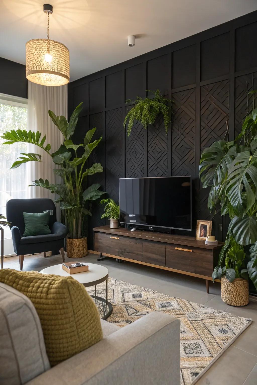 Greenery injects a refreshing contrast into a black accent wall.