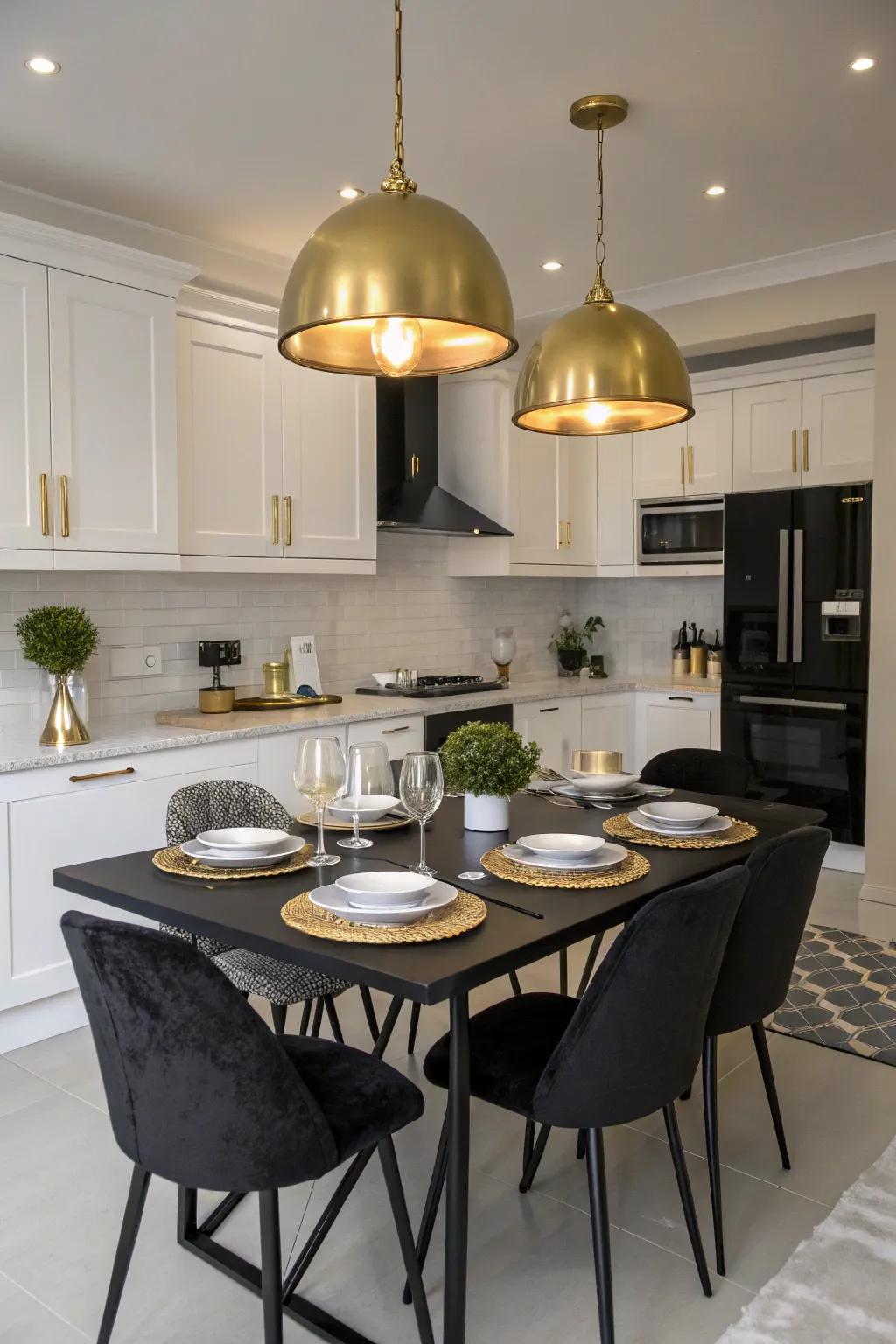 Gilded pendant illumination contributes warmth and elegance.