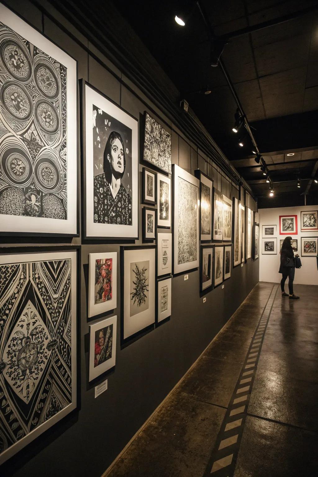An elegant monochrome gallery wall displaying curated black and white art.