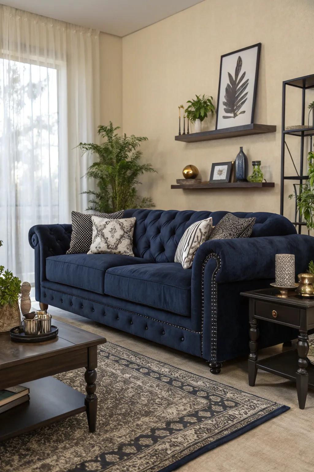 A luxurious dark blue couch acts as an exquisite centerpiece.