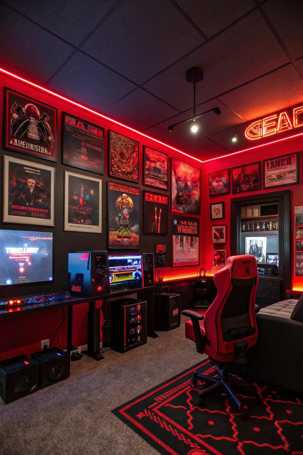 Gaming-themed wall art in crimson and black gives the setup a customized feel.