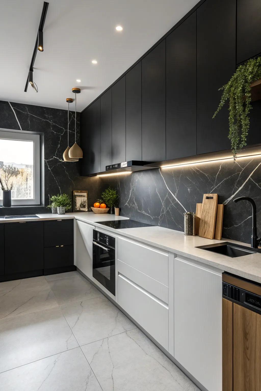 A minimalist cooking space with a flat dark backsplash that radiates understated elegance.