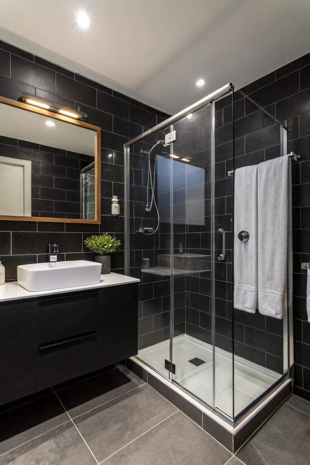 Glass aspects inject a contemporary element into black bathroom designs.