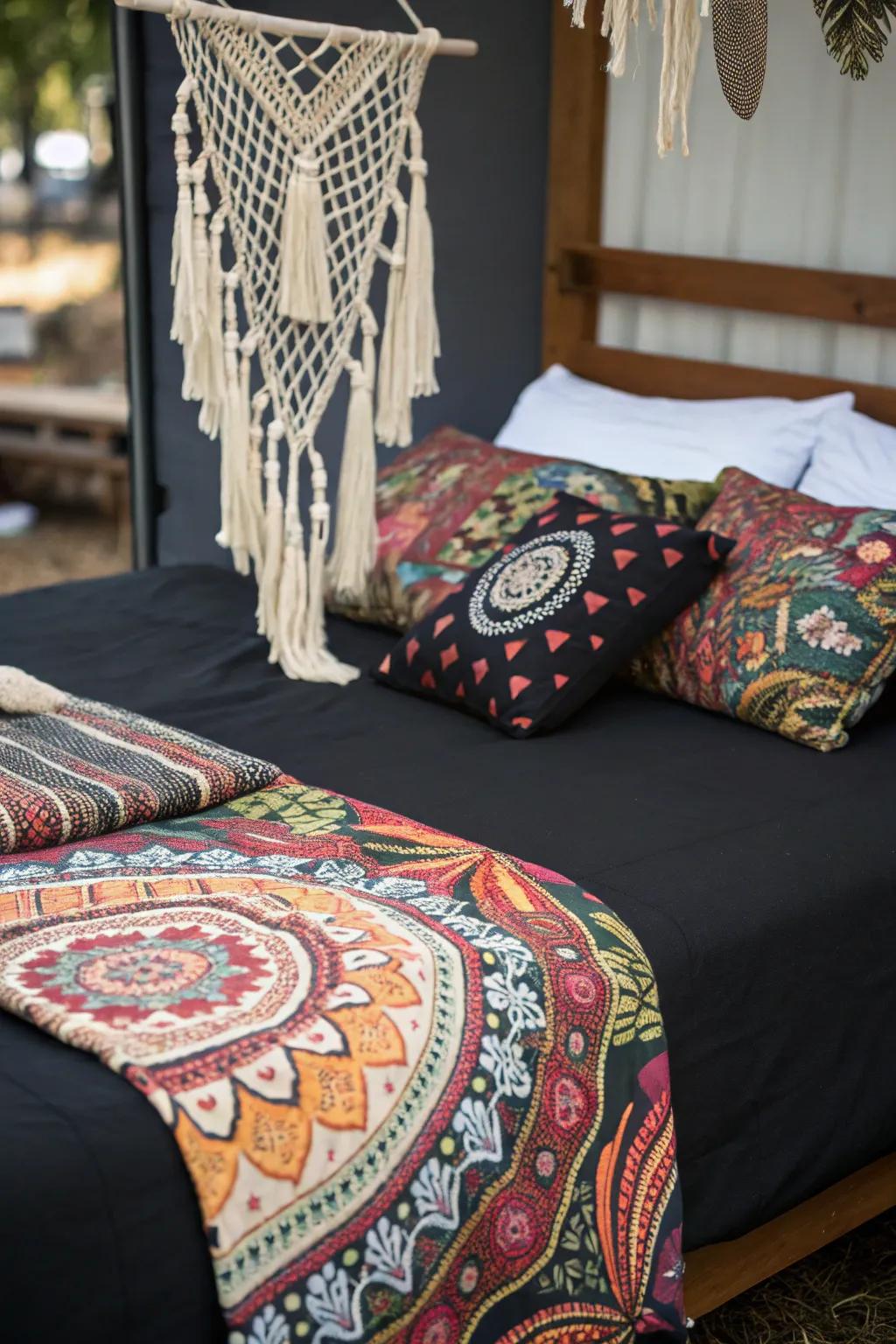 Adding a bohemian flair to black bedding.
