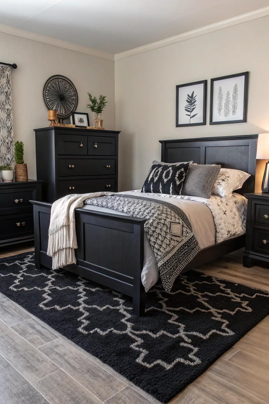 A textured masterpiece featuring dark furniture and layered materials.