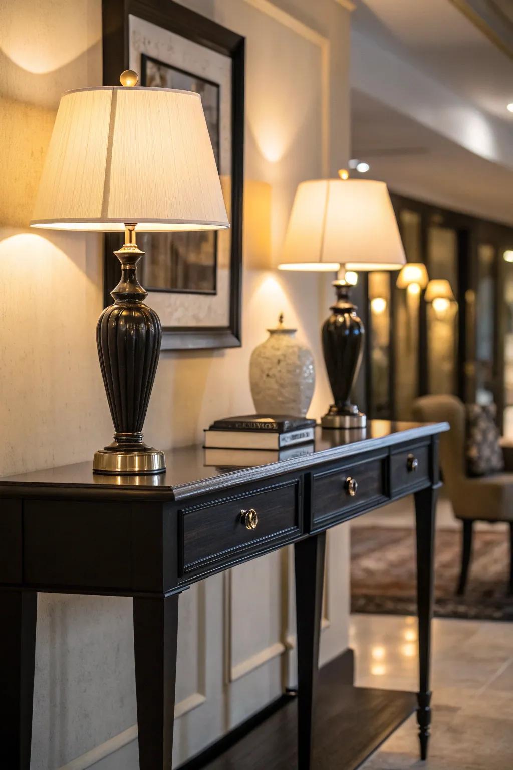 Table lamps provide balance and a welcoming glow.