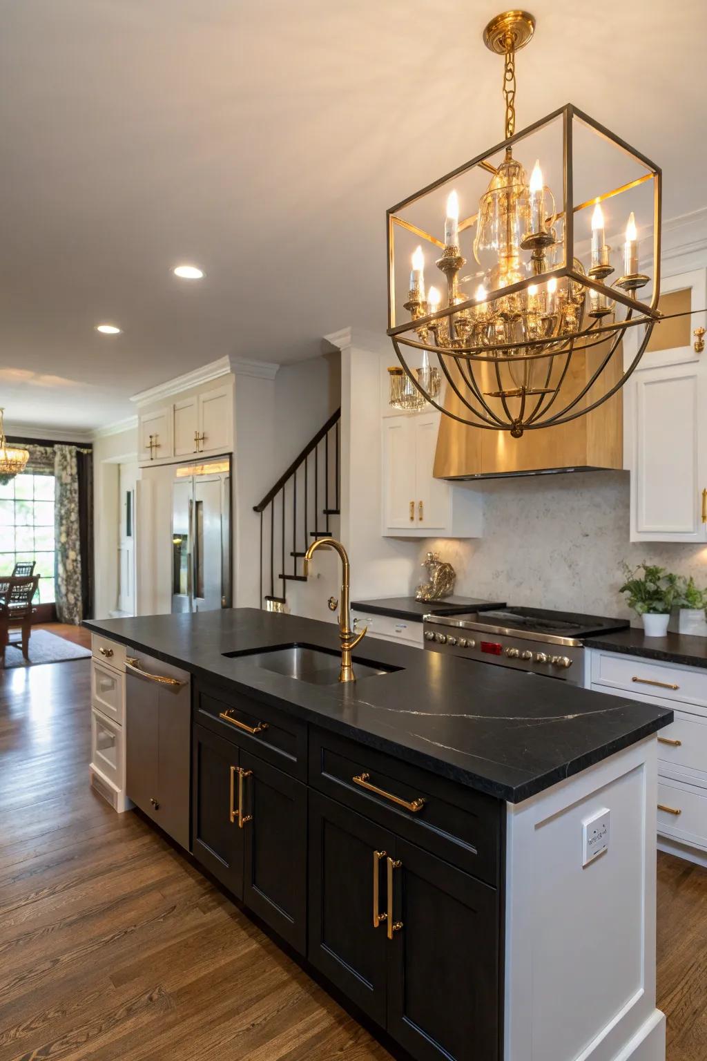 Metallic highlights adding a touch of elegance to dark countertops.
